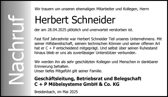 Traueranzeige von Herbert Schneider von Hinterländer Anzeiger