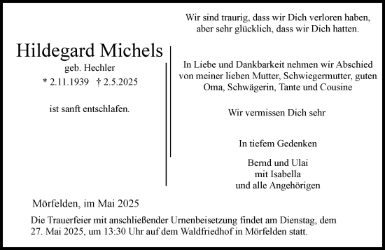 Traueranzeige von Hildegard Michels von Rüsselsheimer Echo