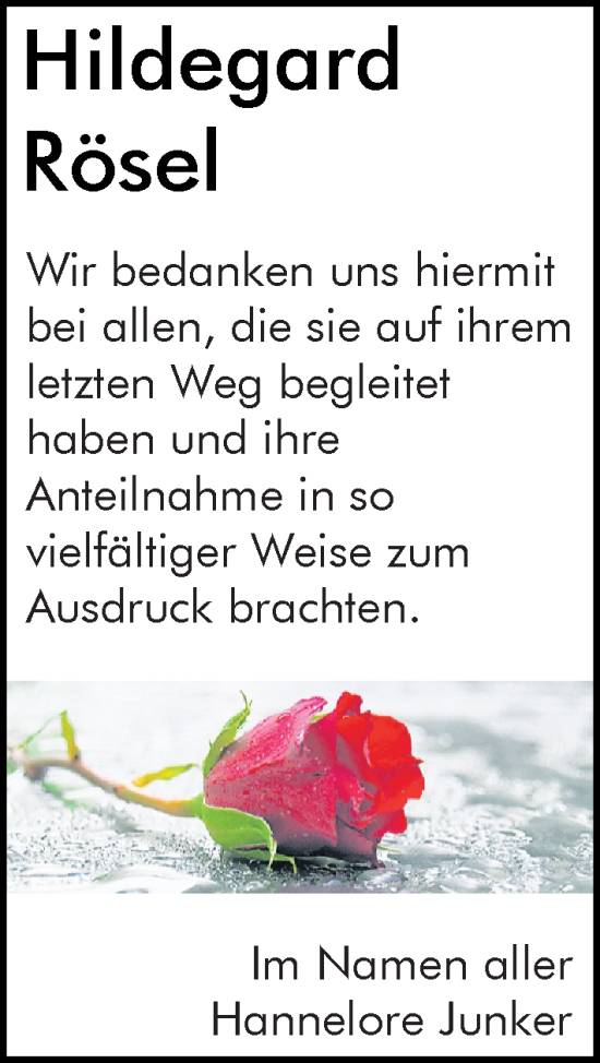 Traueranzeige von Hildegard Rösel von Rüsselsheimer Echo