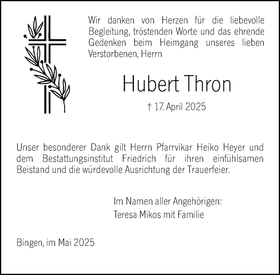 Traueranzeige von Hubert Thron von Binger-/Ingelheimer Wochenblatt