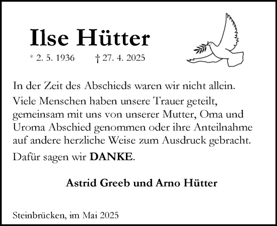 Traueranzeige von Ilse Hütter von Dill Block