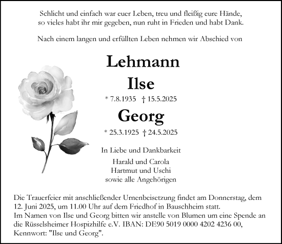 Traueranzeige von Ilse Lehmann von Rüsselsheimer Echo