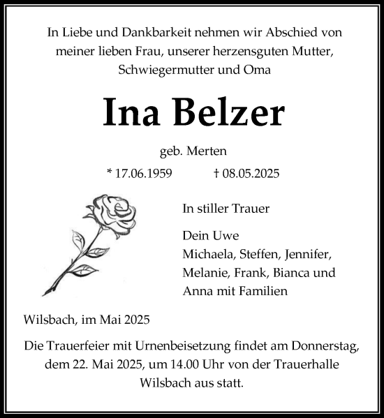 Traueranzeige von Ina Belzer von Wetzlarer Neue Zeitung