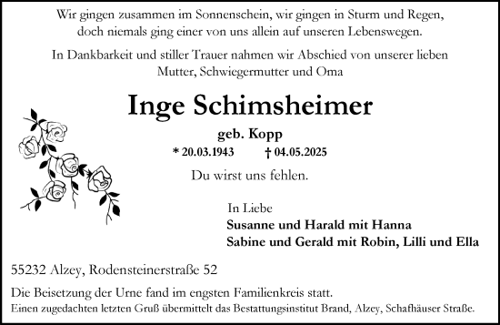 Traueranzeige von Inge Schimsheimer von Allgemeine Zeitung Alzey