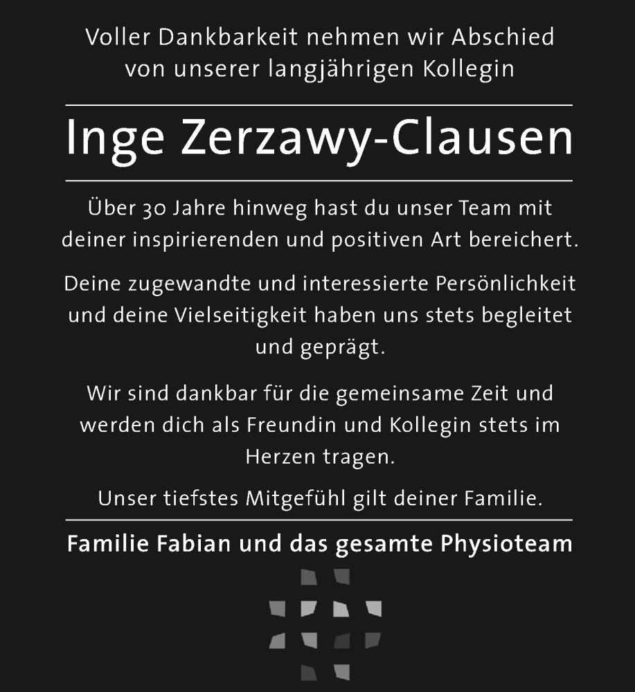  Traueranzeige für Inge Zerzawy-Clausen vom 31.05.2025 aus Wiesbadener Kurier