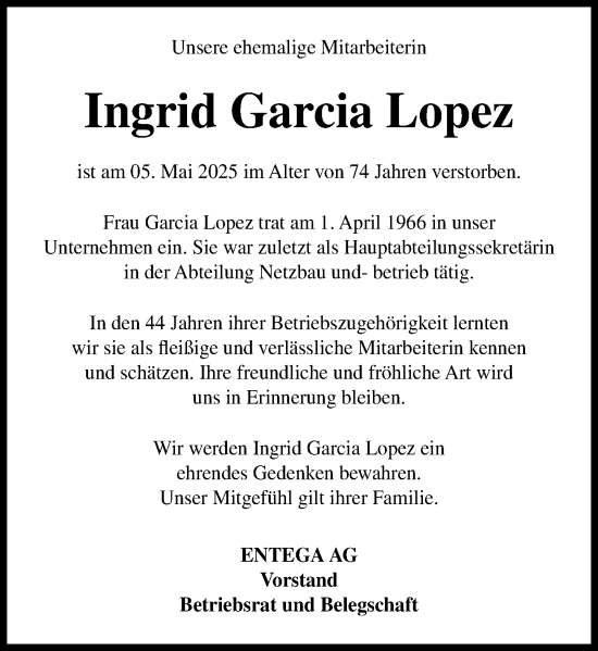 Traueranzeige von Ingrid Garcia Lopez von Odenwälder Echo