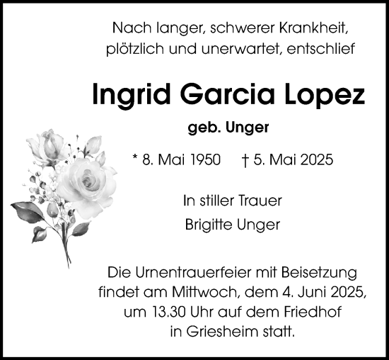 Traueranzeige von Ingrid Garcia Lopez von Darmstädter Echo
