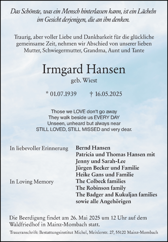 Traueranzeige von Irmgard Hansen von Allgemeine Zeitung Mainz