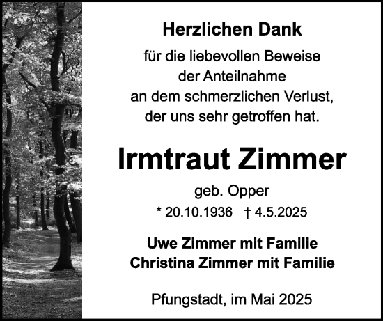 Traueranzeige von Irmtraut Zimmer von Darmstädter Echo
