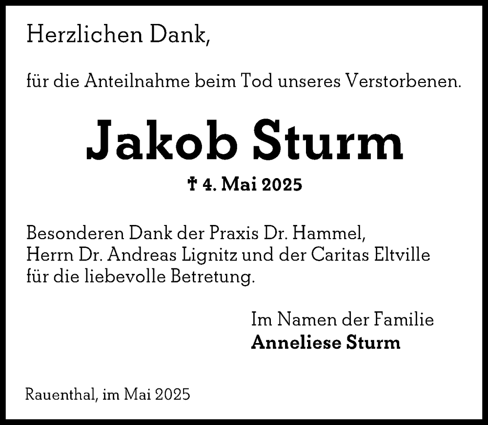  Traueranzeige für Jakob Sturm vom 31.05.2025 aus Rheingau Kurier
