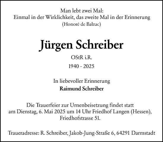 Traueranzeige von Jürgen Schreiber von Darmstädter Echo