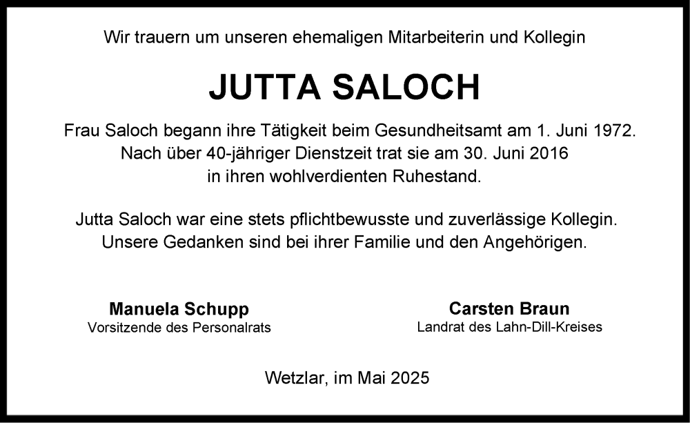  Traueranzeige für Jutta Saloch vom 09.05.2025 aus Wetzlarer Neue Zeitung