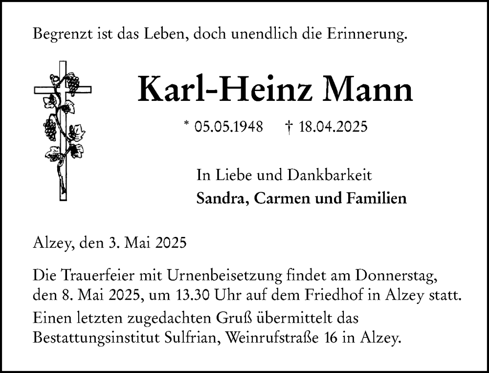  Traueranzeige für Karl-Heinz Mann vom 03.05.2025 aus Allgemeine Zeitung Alzey