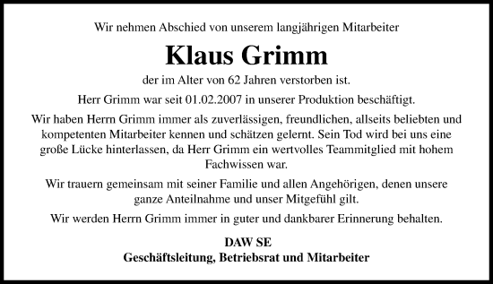 Traueranzeige von Klaus Grimm von Darmstädter Echo