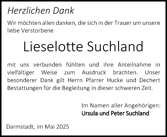 Traueranzeige von Lieselotte Suchland von Darmstädter Echo