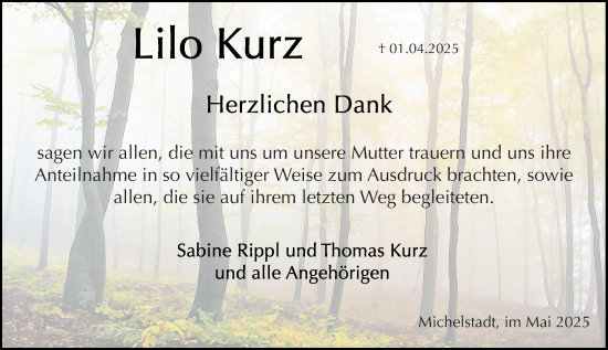 Traueranzeige von Lilo Kurz von Odenwälder Echo