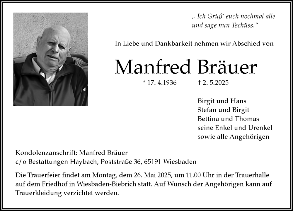  Traueranzeige für Manfred Bräuer vom 17.05.2025 aus Wiesbadener Kurier