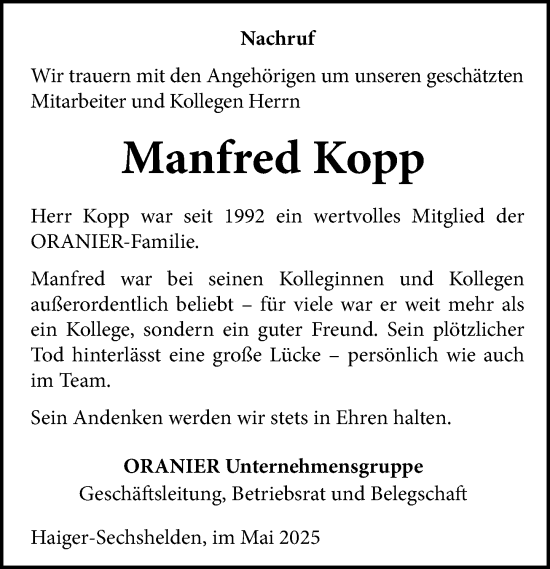 Traueranzeige von Manfred Kopp von Dill Block