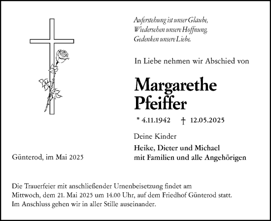 Traueranzeige von Margarethe Pfeiffer von Hinterländer Anzeiger