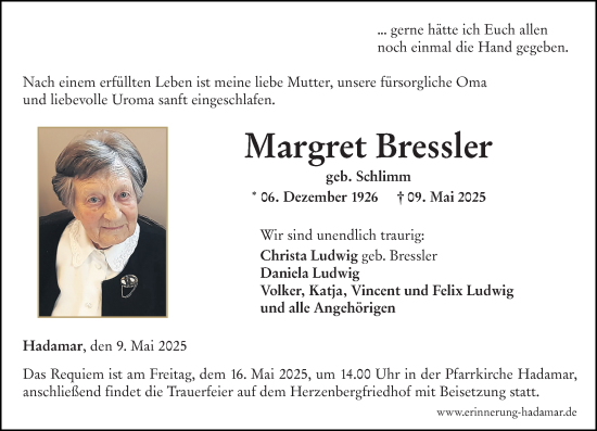 Traueranzeige von Margret Bressler von Nassauische Neue Presse