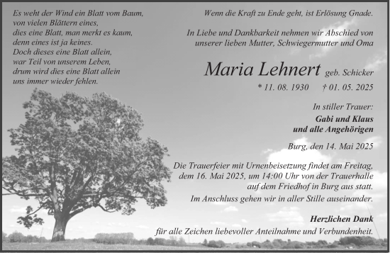 Traueranzeige von Maria Lehnert von Dill Block