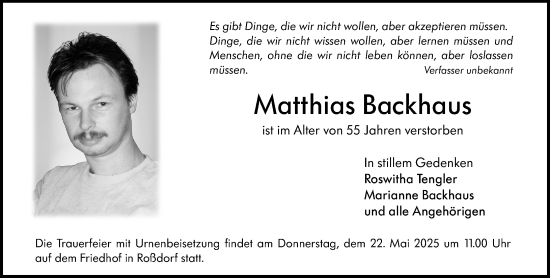 Traueranzeige von Matthias Backhaus von Darmstädter Echo