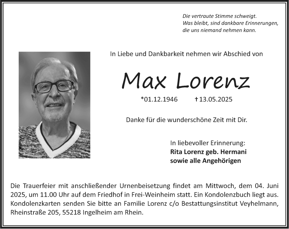  Traueranzeige für Max Lorenz vom 24.05.2025 aus Allgemeine Zeitung Rheinhessen-Nahe