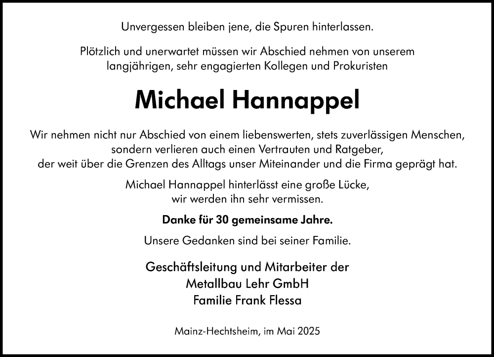  Traueranzeige für Michael Hannappel vom 31.05.2025 aus Allgemeine Zeitung Mainz