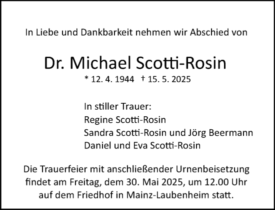 Traueranzeige von Michael Scotti-Rosin von Allgemeine Zeitung Mainz