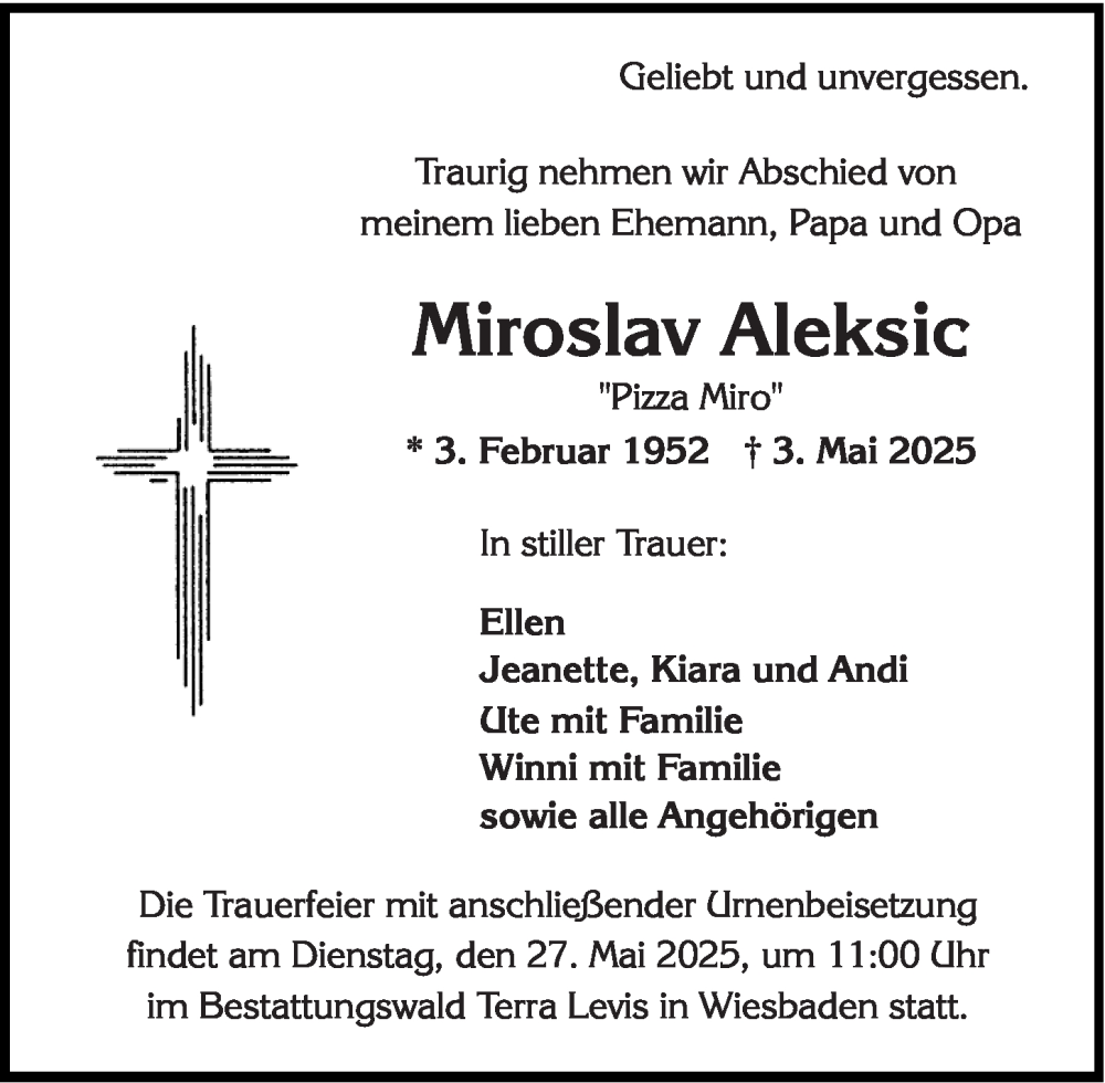  Traueranzeige für Miroslav Aleksic vom 17.05.2025 aus Wiesbadener Kurier