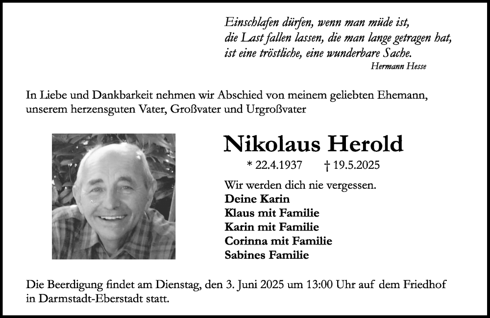  Traueranzeige für Nikolaus Herold vom 31.05.2025 aus Darmstädter Echo