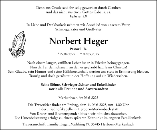 Traueranzeige von Norbert Heger von Hinterländer Anzeiger