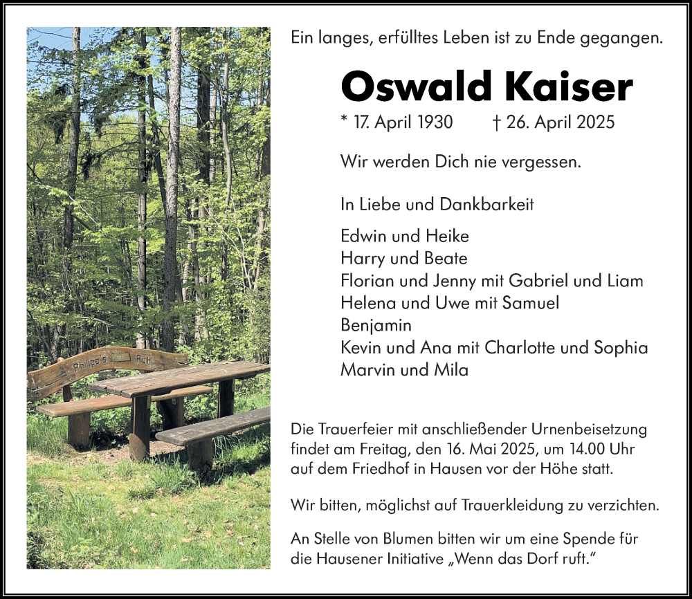  Traueranzeige für Oswald Kaiser vom 10.05.2025 aus Wiesbadener Kurier