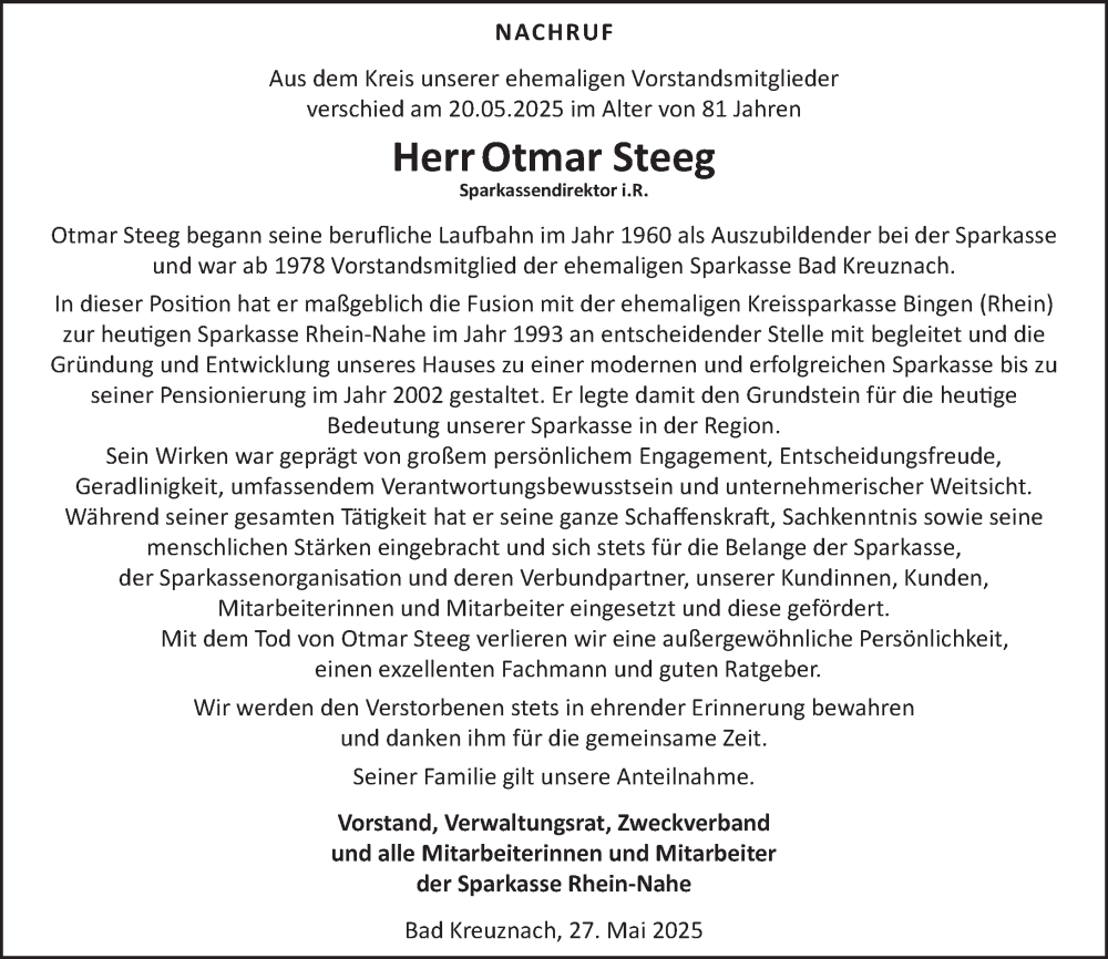  Traueranzeige für Otmar Steeg vom 27.05.2025 aus Allgemeine Zeitung Rheinhessen-Nahe