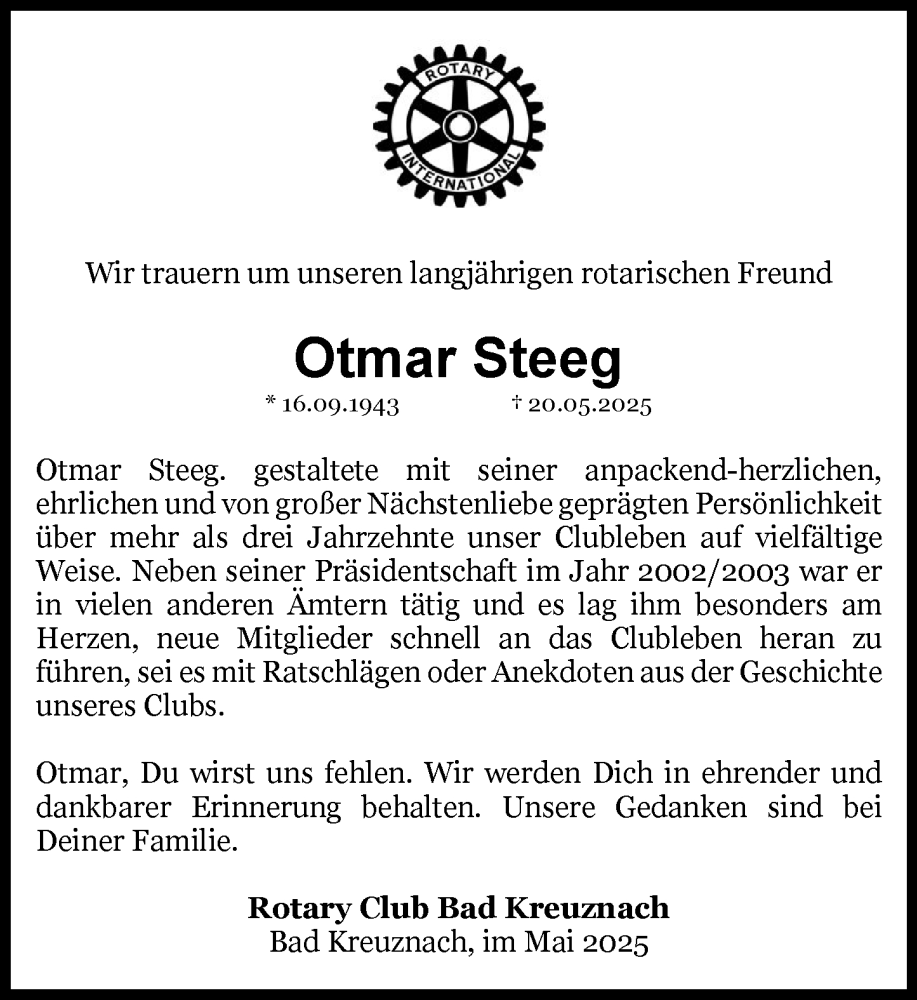 Traueranzeige für Otmar Steeg vom 24.05.2025 aus Allgemeine Zeitung Rheinhessen-Nahe