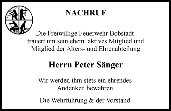 Traueranzeige von Peter Sänger von Starkenburger Echo