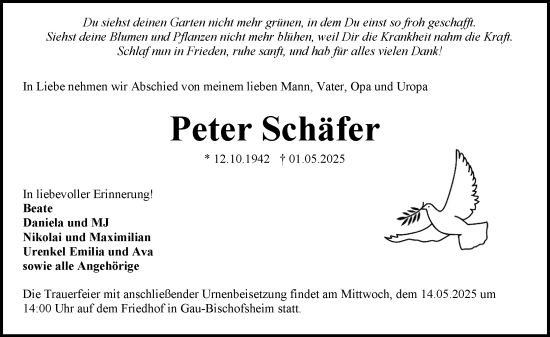 Traueranzeige von Peter Schäfer von Allgemeine Zeitung Mainz