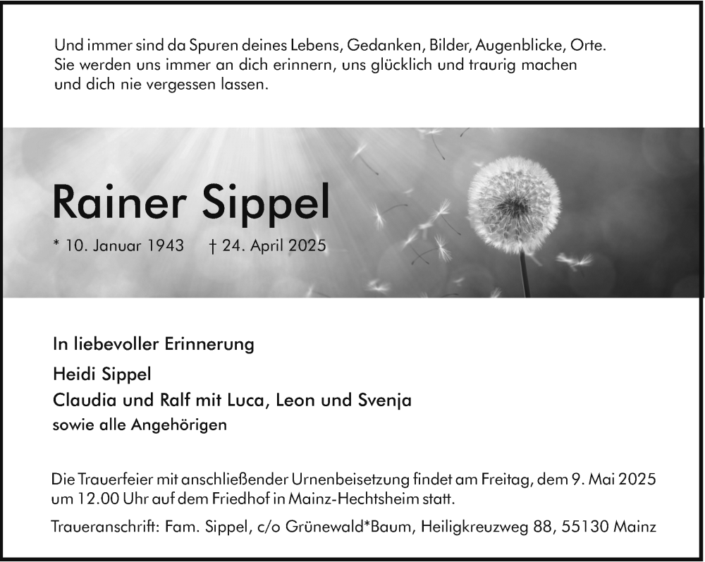  Traueranzeige für Rainer Sippel vom 03.05.2025 aus Allgemeine Zeitung Mainz