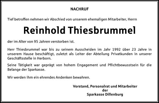 Traueranzeige von Reinhold Thiesbrummel von Dill Block