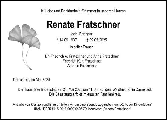Traueranzeige von Renate Fratschner von Darmstädter Echo