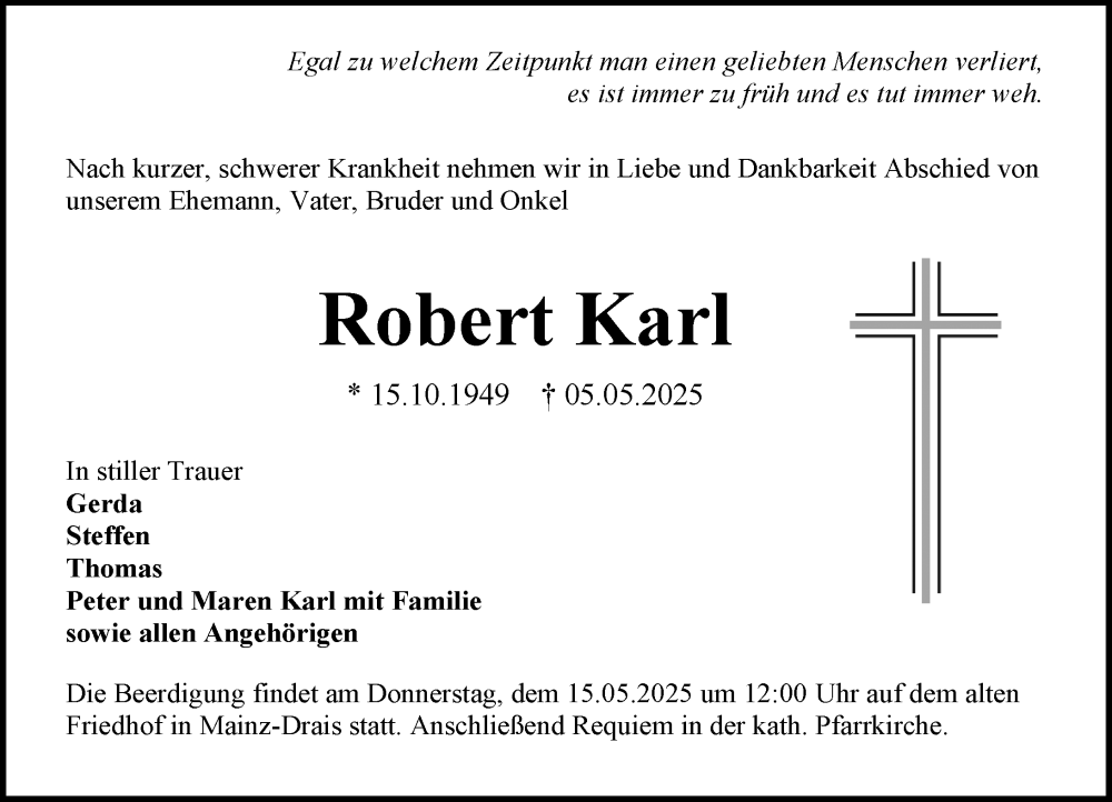  Traueranzeige für Robert Karl vom 10.05.2025 aus Allgemeine Zeitung Mainz