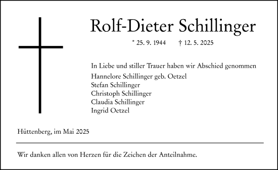 Traueranzeige von Rolf-Dieter Schillinger von Wetzlarer Neue Zeitung