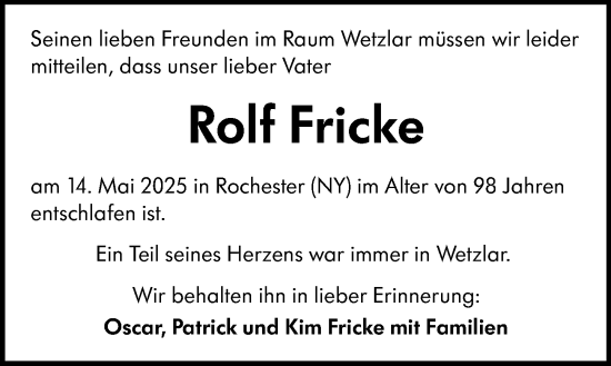 Traueranzeige von Rolf Fricke von Wetzlarer Neue Zeitung