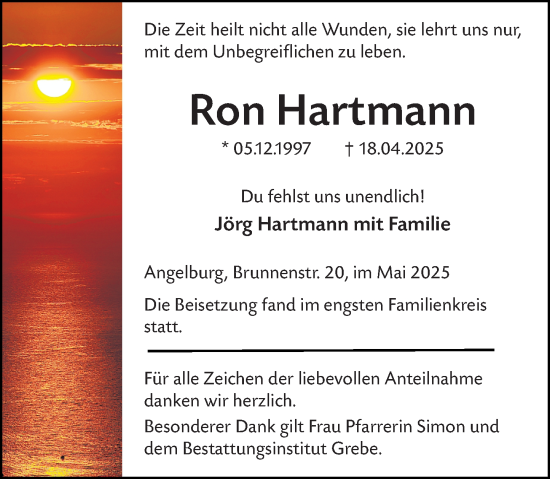 Traueranzeige von Ron Hartmann von Hinterländer Anzeiger