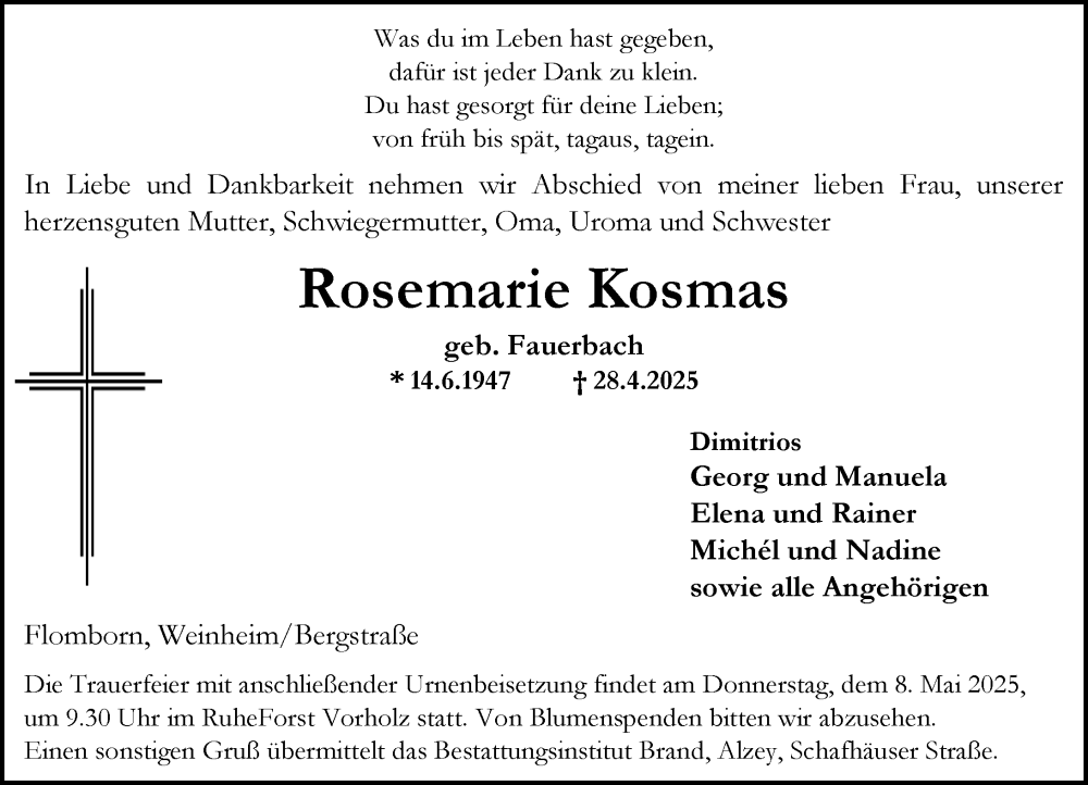 Traueranzeige für Rosemarie Kosmas vom 03.05.2025 aus Allgemeine Zeitung Alzey