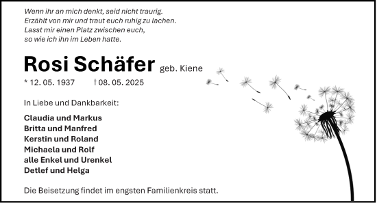 Traueranzeige von Rosi Schäfer von Dill Block