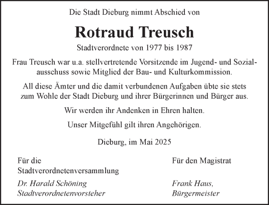 Traueranzeige von Rotraud Treusch von Dieburger Anzeiger/Groß-Zimmerner Lokal-Anzeiger