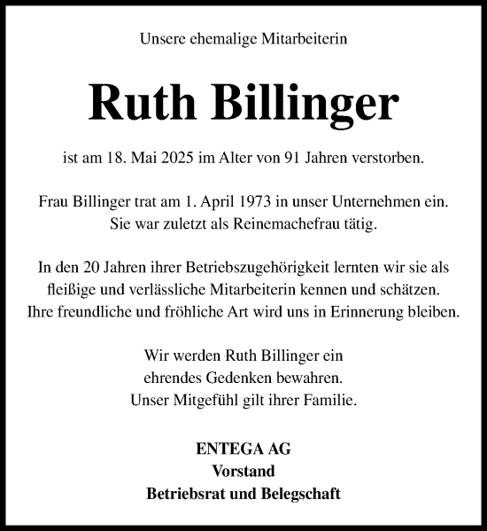 Traueranzeige von Ruth Billinger von Odenwälder Echo