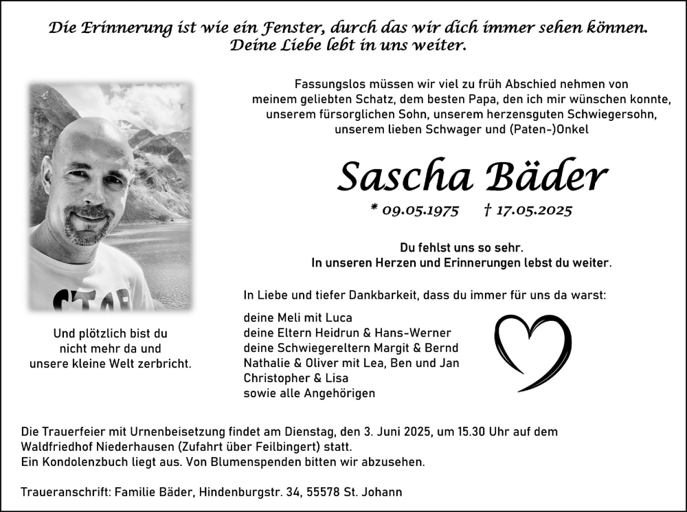  Traueranzeige für Sascha Bäder vom 31.05.2025 aus Allgemeine Zeitung Rheinhessen-Nahe