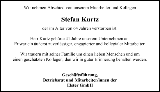 Traueranzeige von Stefan Kurtz von Allgemeine Zeitung Mainz